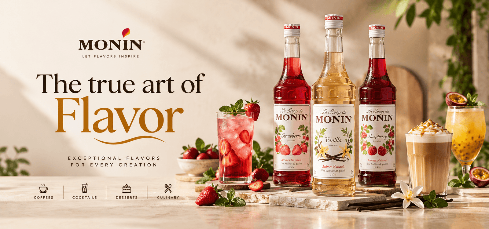 MONIN syrup bottles and cafe drinks, the true art of flavor